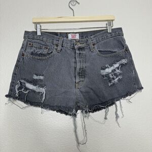 VINTAGE Levis 501 Short Size 33 Charcoal Button Fly Distressed Cut Off Upcycled